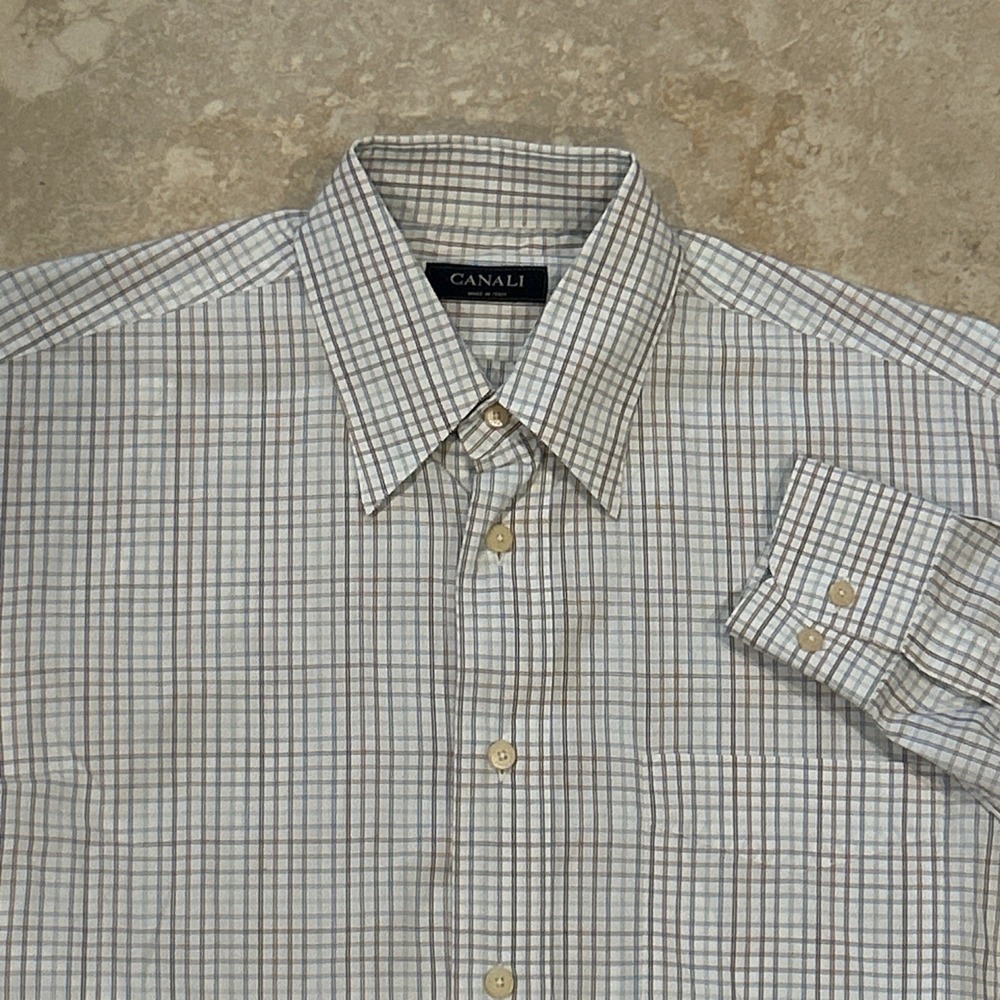 Canali Shirt Mens Medium White Plaid Long Sleeve Button Down Cotton Italy Preppy